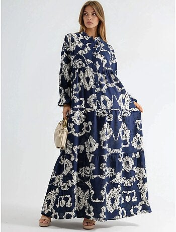Robe longue à col en v et à motifs avec boutons
