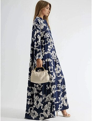 Robe longue à col en v et à motifs avec boutons