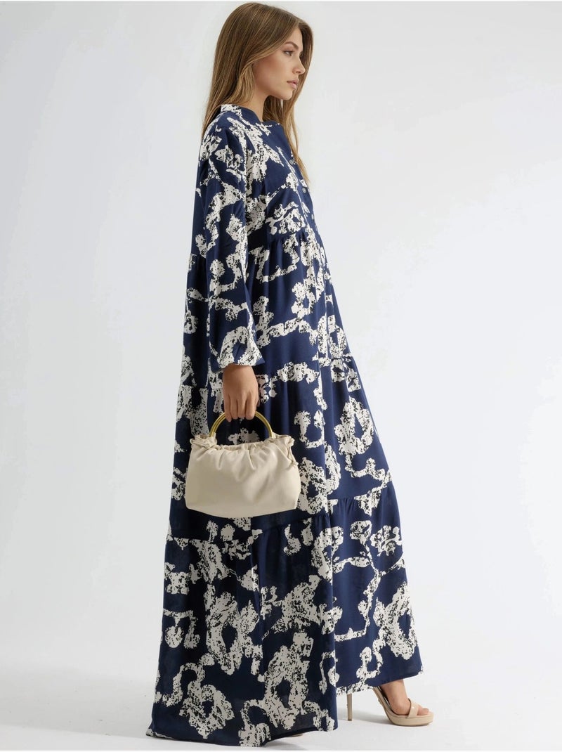 Robe longue à col en v et à motifs avec boutons Bleu marine - Kiabi