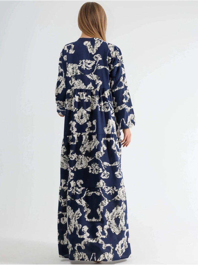 Robe longue à col en v et à motifs avec boutons Bleu marine - Kiabi