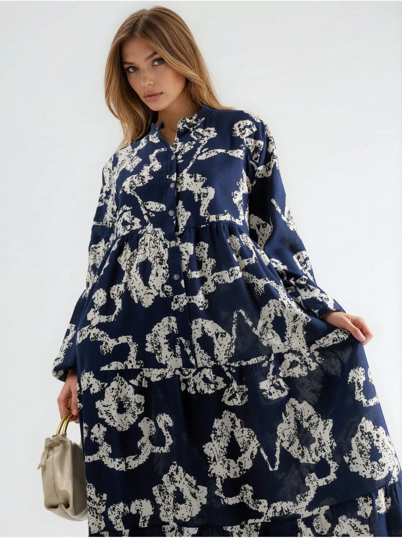 Robe longue à col en v et à motifs avec boutons Bleu marine - Kiabi