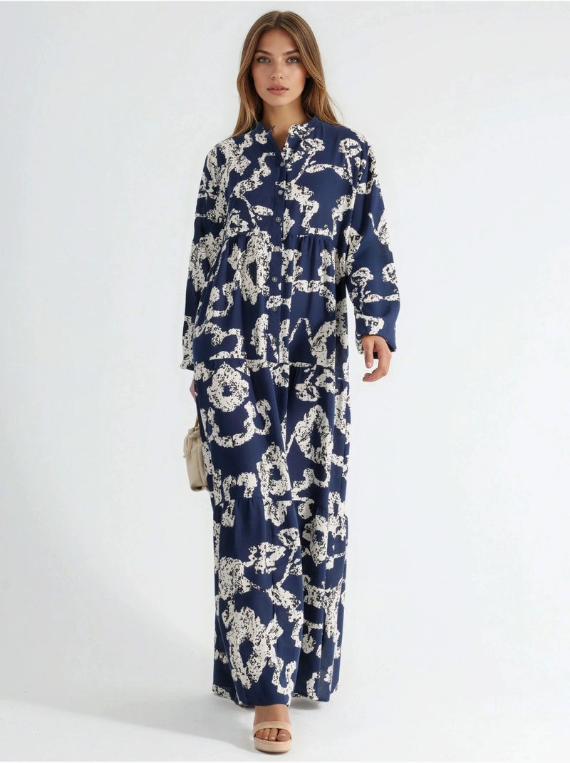 Robe longue à col en v et à motifs avec boutons Bleu marine - Kiabi