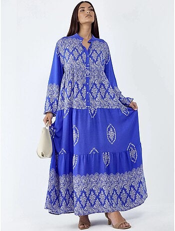 Robe longue à col en v et à motifs, fermeture boutonnée