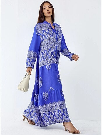 Robe longue à col en v et à motifs, fermeture boutonnée