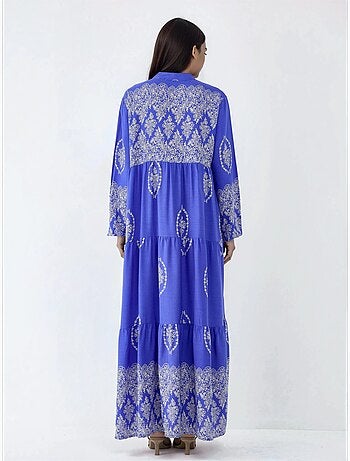 Robe longue à col en v et à motifs, fermeture boutonnée