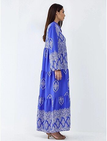 Robe longue à col en v et à motifs, fermeture boutonnée