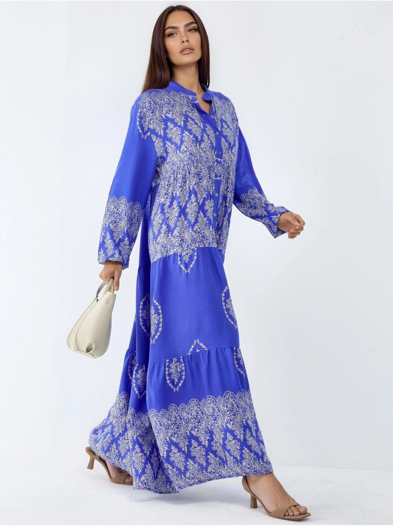 Robe longue à col en v et à motifs, fermeture boutonnée Bleu électrique - Kiabi