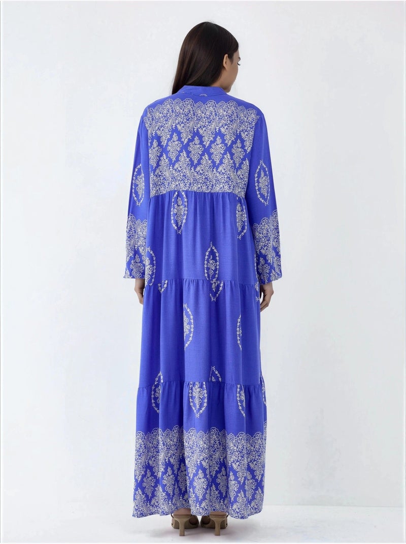 Robe longue à col en v et à motifs, fermeture boutonnée Bleu électrique - Kiabi