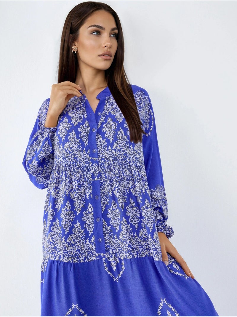 Robe longue à col en v et à motifs, fermeture boutonnée Bleu électrique - Kiabi