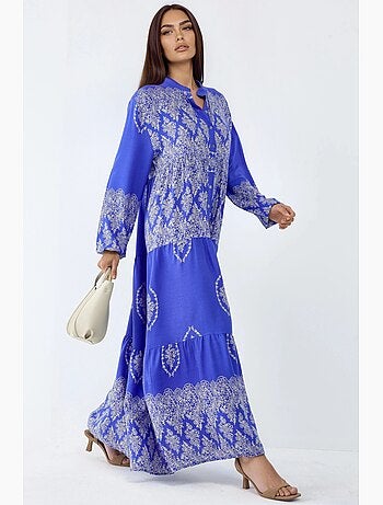 Robe longue à col en v et à motifs, fermeture boutonnée hiccup