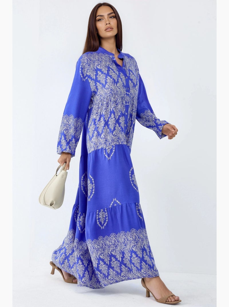 Robe longue à col en v et à motifs, fermeture boutonnée hiccup Bleu électrique - Kiabi