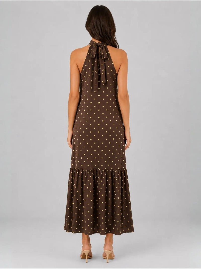 Robe longue à col halter et pois mixray Marron chocolat - Kiabi