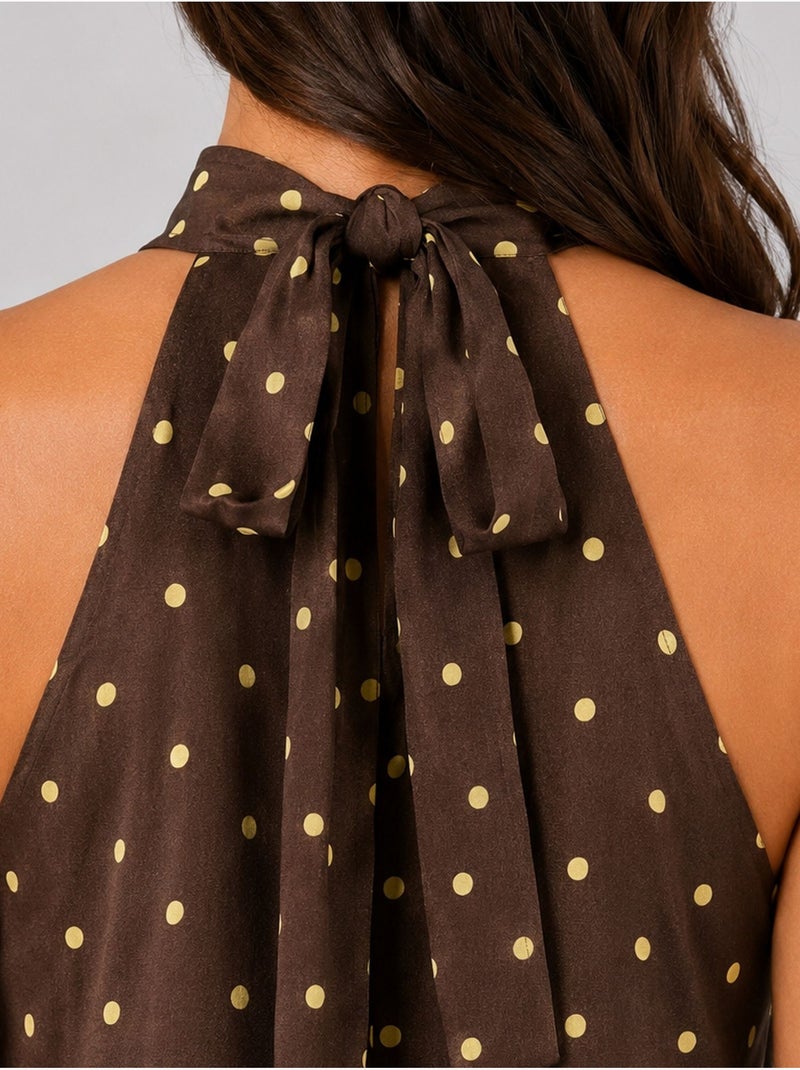 Robe longue à col halter et pois mixray Marron chocolat - Kiabi