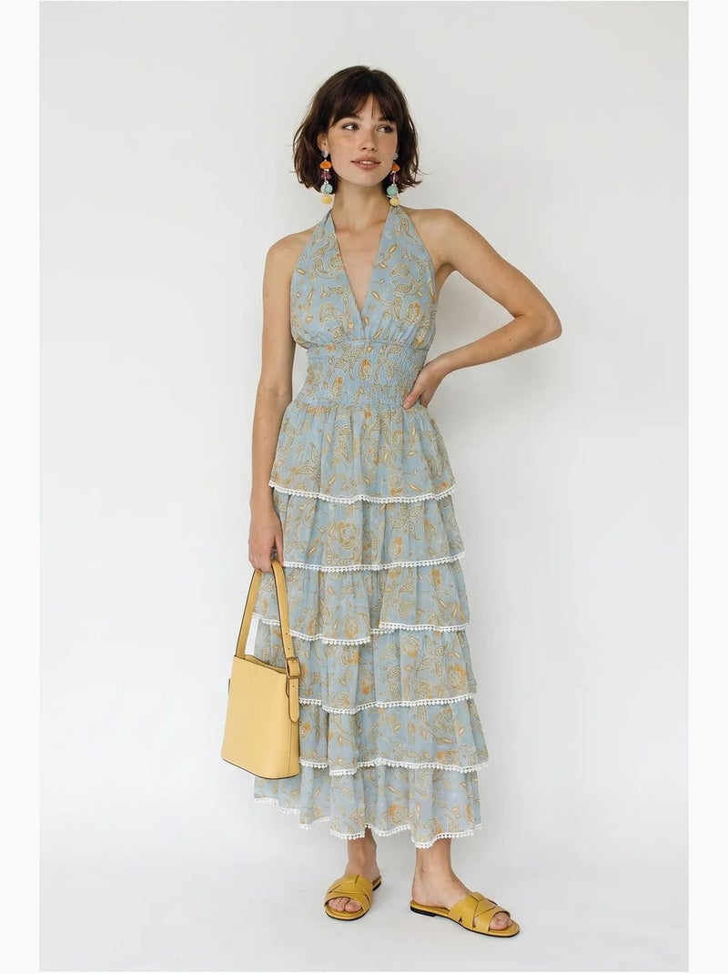 Robe longue à col halter paisley lucci Bleu pastel - Kiabi