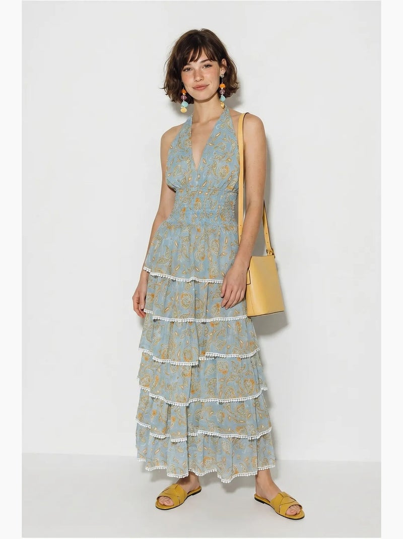 Robe longue à col halter paisley lucci Bleu pastel - Kiabi