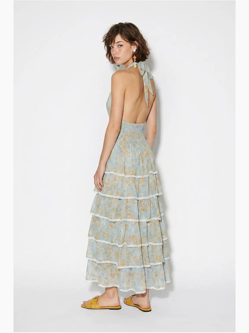 Robe longue à col halter paisley lucci Bleu pastel - Kiabi