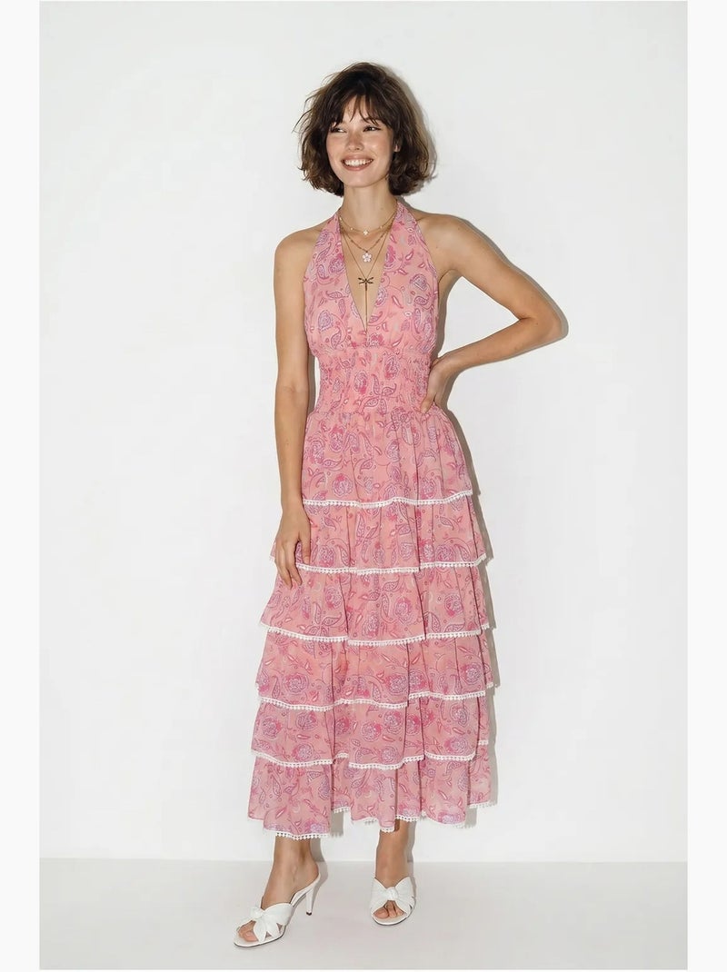 Robe longue à col halter paisley lucci Rose - Kiabi