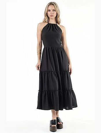 Robe longue à col licou avec détails à volants busem