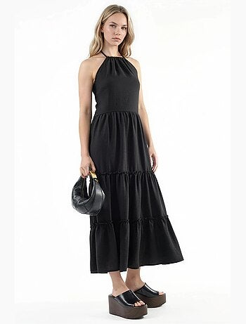 Robe longue à col licou avec détails à volants busem