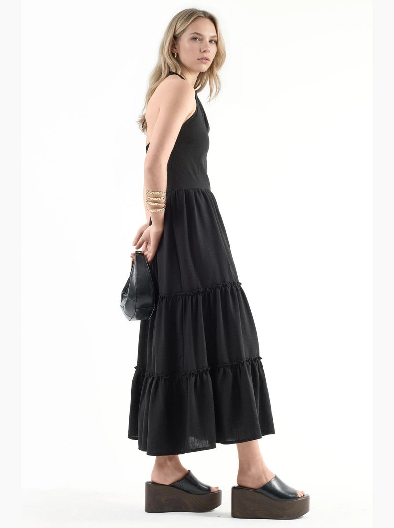 Robe longue à col licou avec détails à volants busem Noir - Kiabi