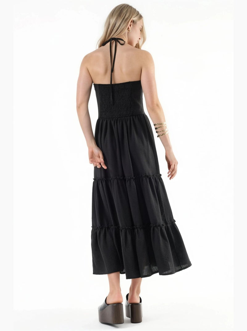 Robe longue à col licou avec détails à volants busem Noir - Kiabi