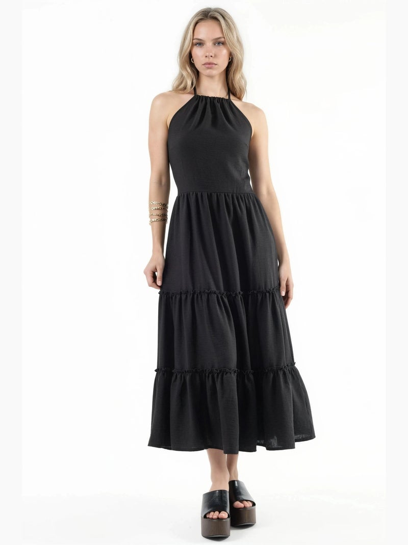 Robe longue à col licou avec détails à volants busem Noir - Kiabi
