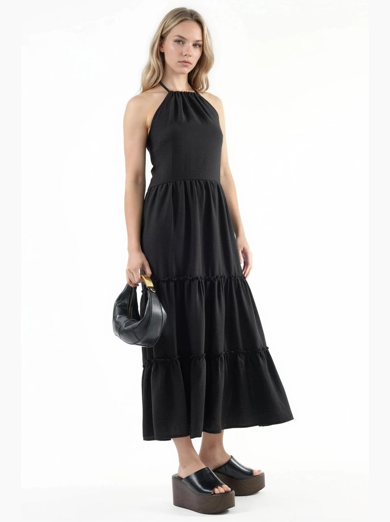 Robe longue à col licou avec détails à volants busem Noir - Kiabi