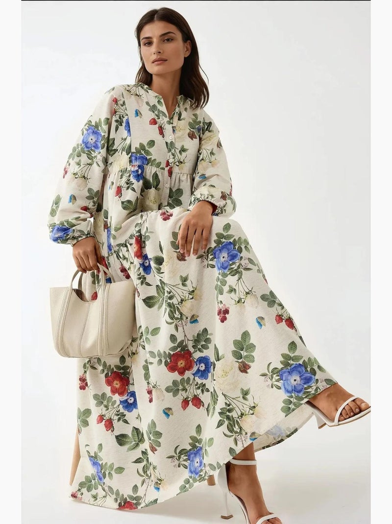 Robe longue à col ras du cou et à fleurs hiccup Crème - Kiabi