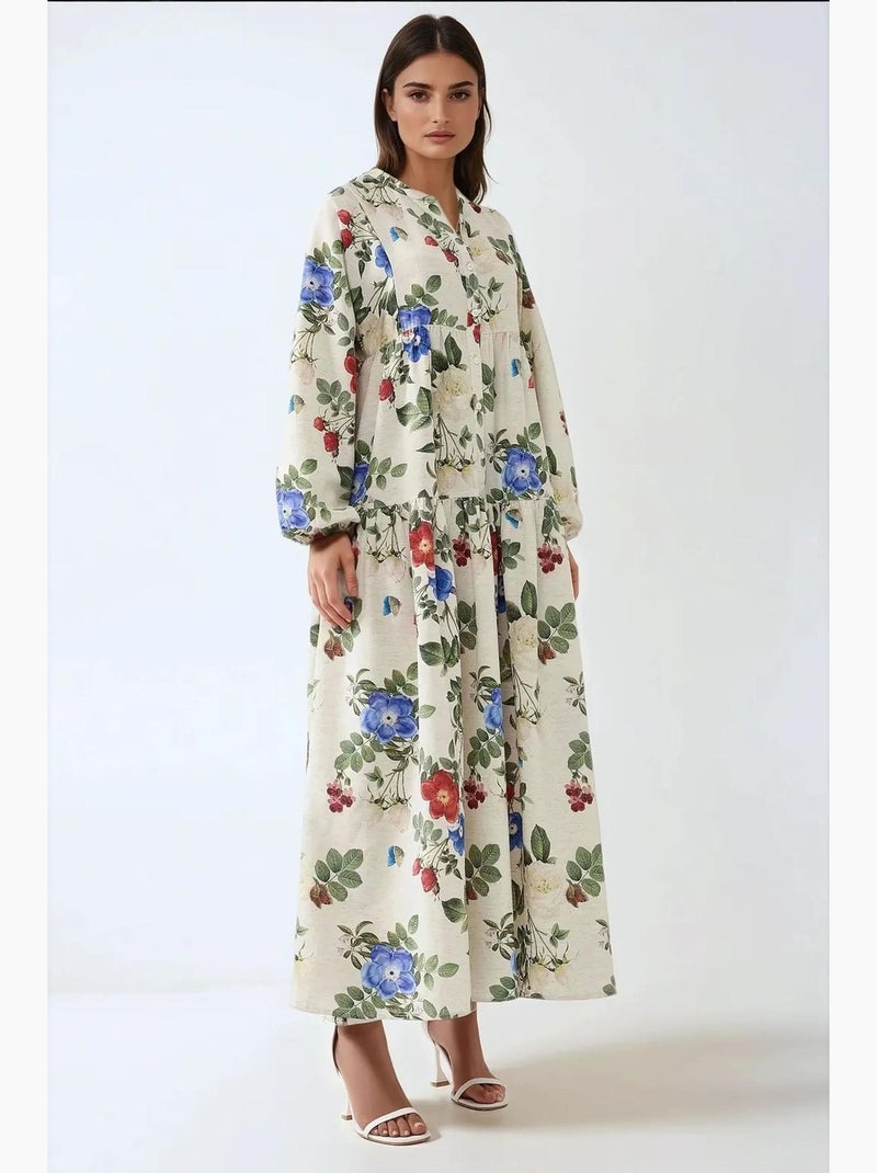 Robe longue à col ras du cou et à fleurs hiccup Crème - Kiabi