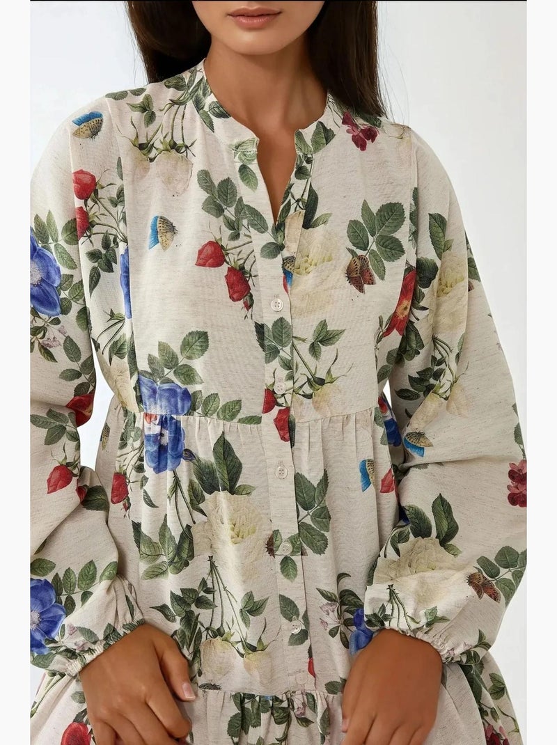 Robe longue à col ras du cou et à fleurs hiccup Crème - Kiabi