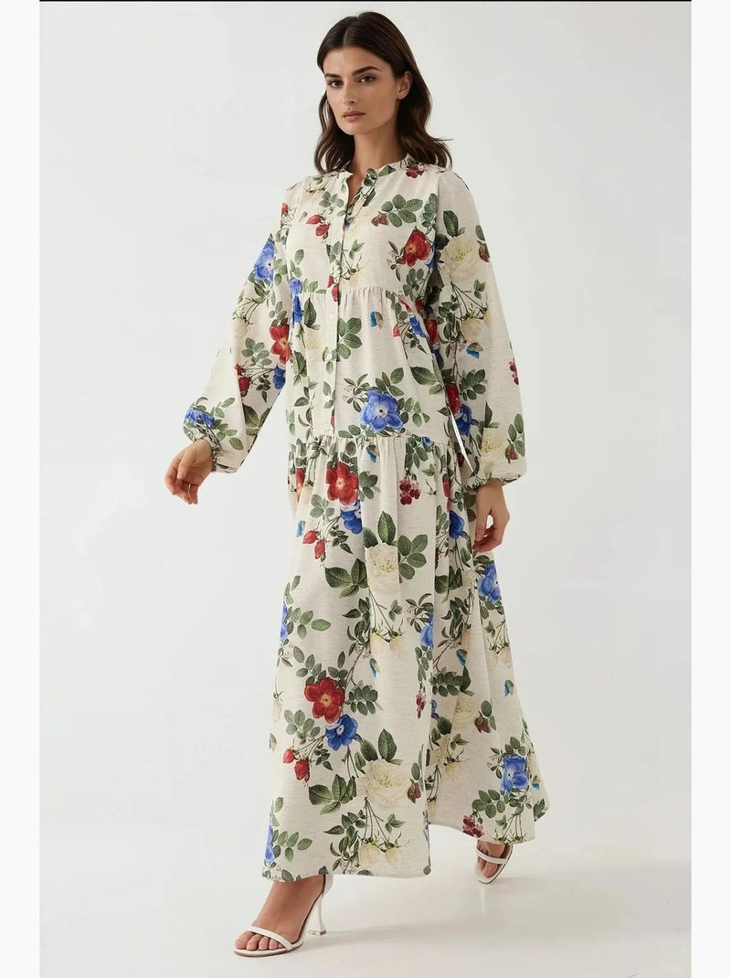 Robe longue à col ras du cou et à fleurs hiccup Crème - Kiabi