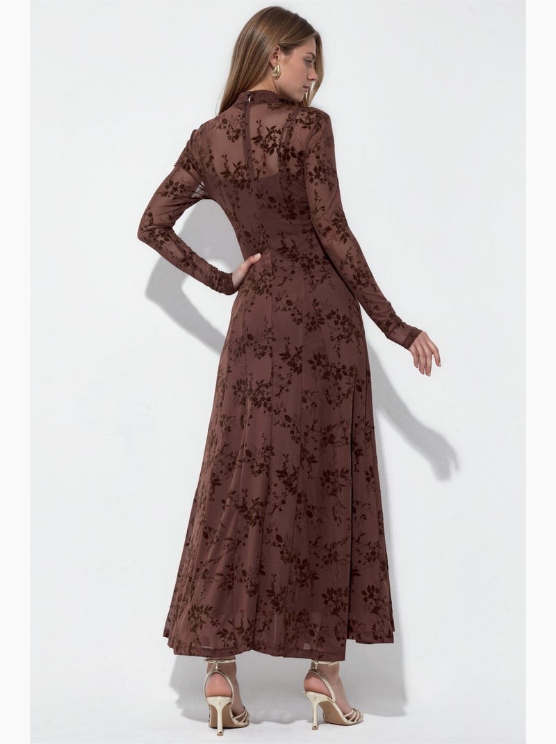 Robe longue à col roulé mi-long fleurie hiccup Marron chocolat - Kiabi