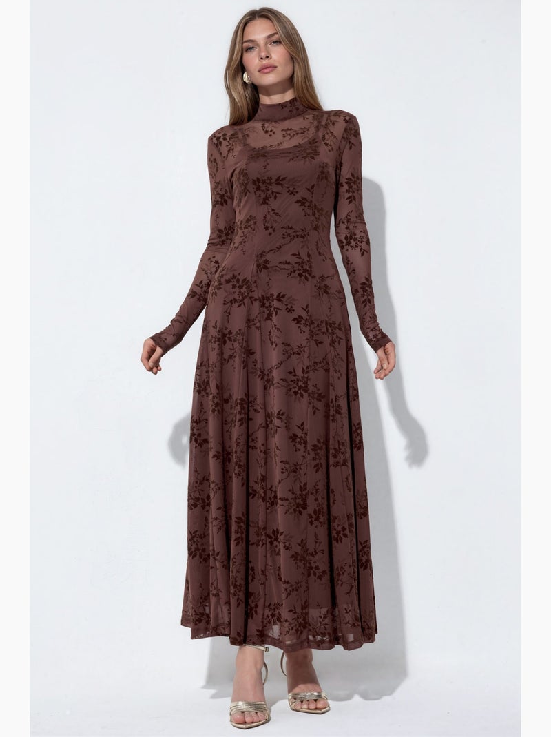Robe longue à col roulé mi-long fleurie hiccup Marron chocolat - Kiabi