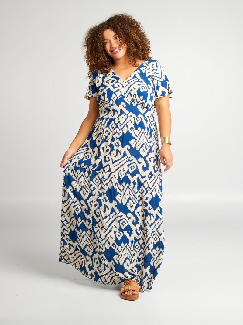 Robe longue à col V Bleu à motifs - Kiabi