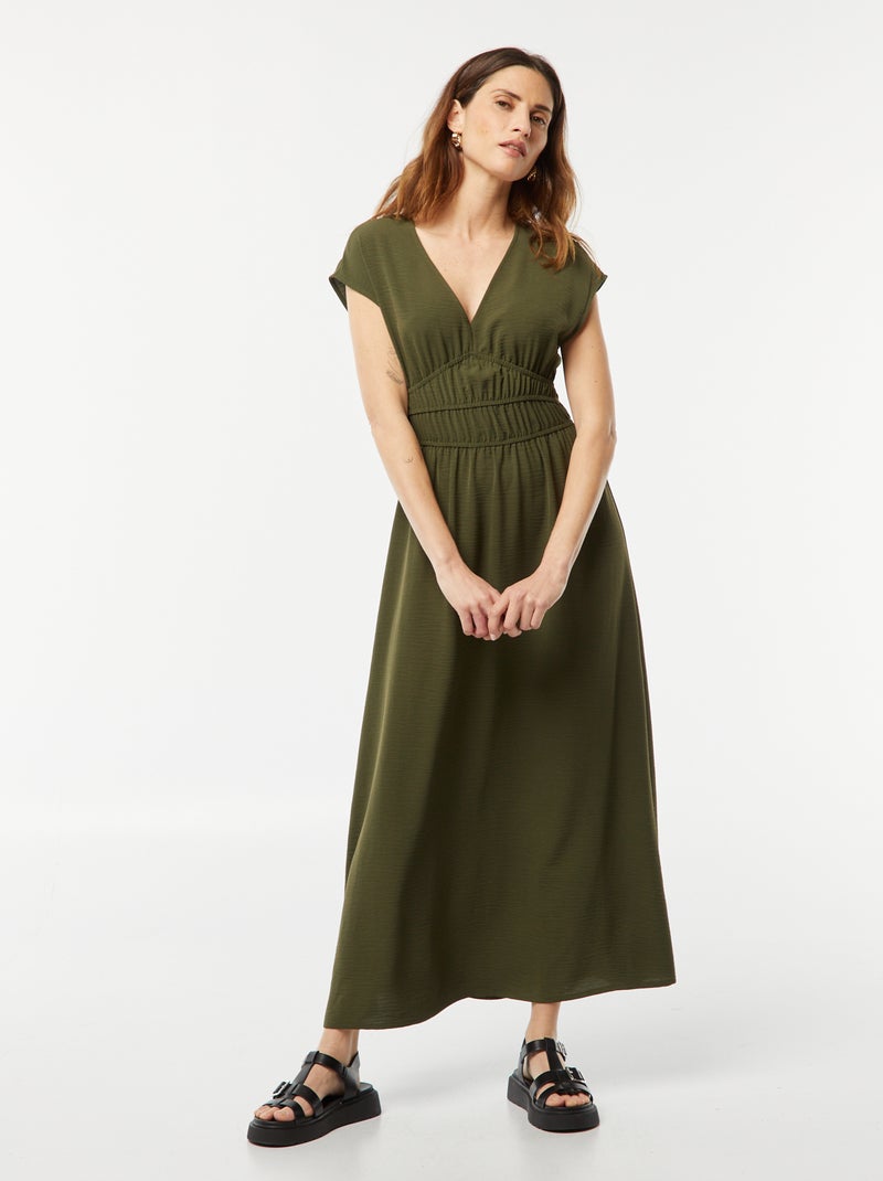 Robe longue à col V Kaki - Kiabi