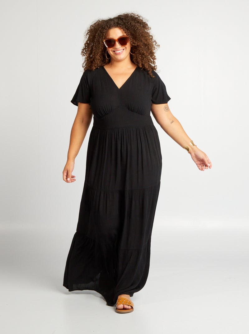 Robe longue à col V noir - Kiabi