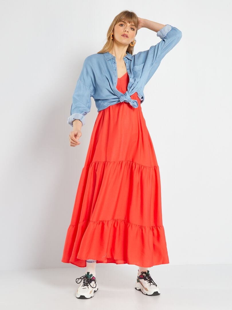 Robe longue à étages rouge - Kiabi