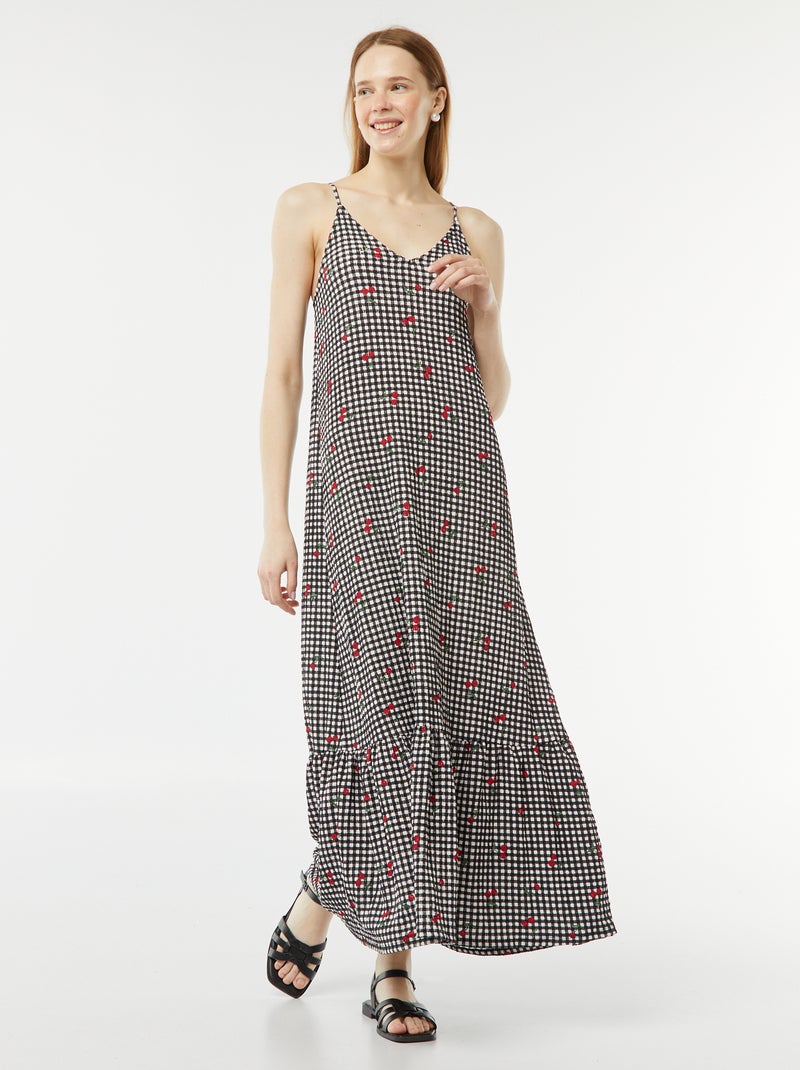 Robe longue à fines bretelles en matière gaufrée Noir - Kiabi
