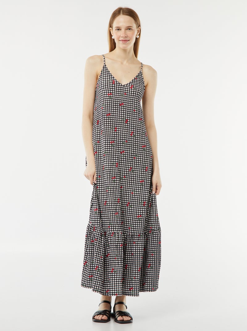Robe longue à fines bretelles en matière gaufrée Noir - Kiabi
