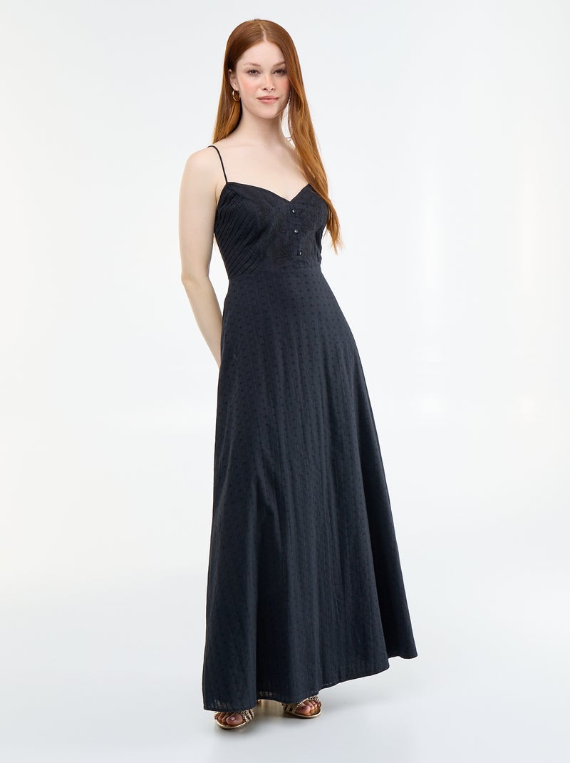 Robe longue à fines bretelles et broderies Noir - Kiabi