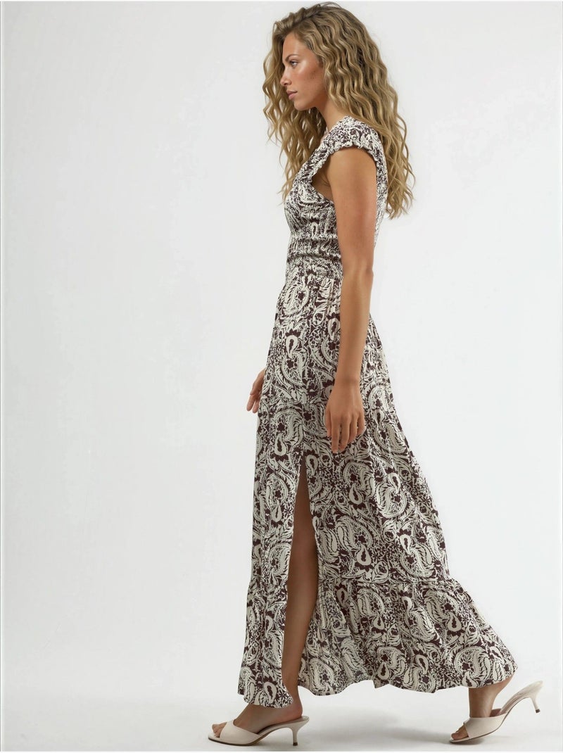 Robe longue à imprimé paisley et col carré busem Marron chocolat - Kiabi