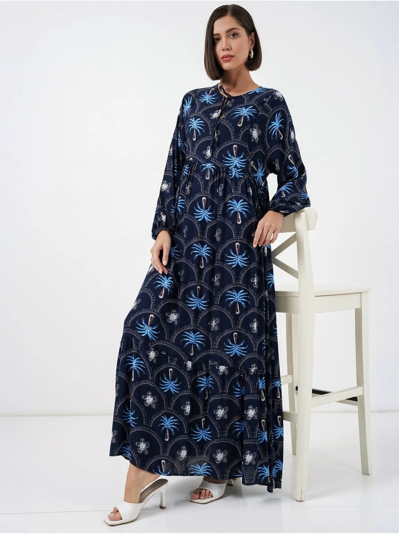 Robe longue à imprimé tropical et fermeture boutonnée bdart Bleu marine - Kiabi