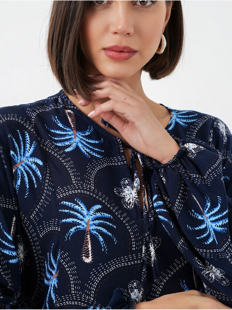 Robe longue à imprimé tropical et fermeture boutonnée bdart Bleu marine - Kiabi