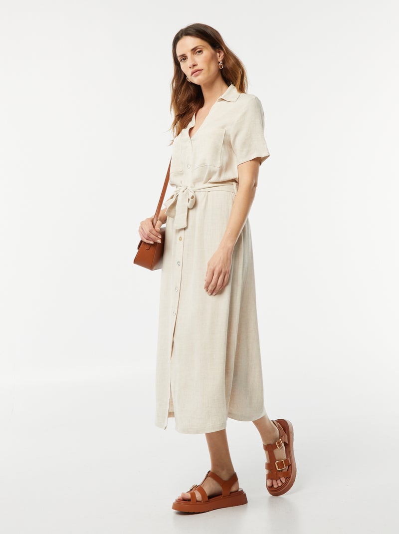 Robe longue à manches courtes en lin mélangé Blanc - Kiabi