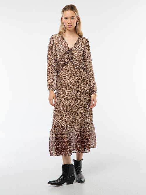 Robe longue à manches longues avec motif et volants - Kiabi