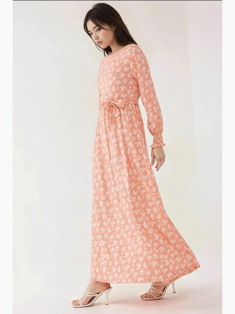 Robe longue à manches longues et imprimé floral avec ceinture hiccup Rose - Kiabi