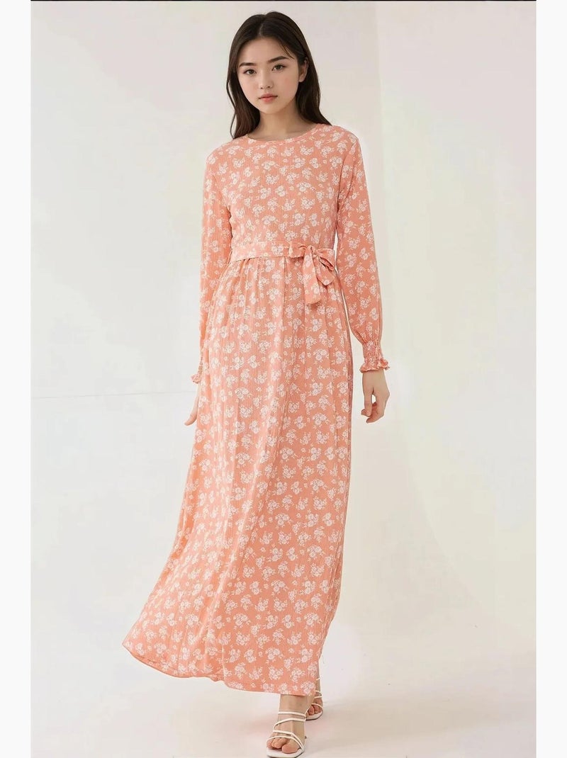 Robe longue à manches longues et imprimé floral avec ceinture hiccup Rose - Kiabi