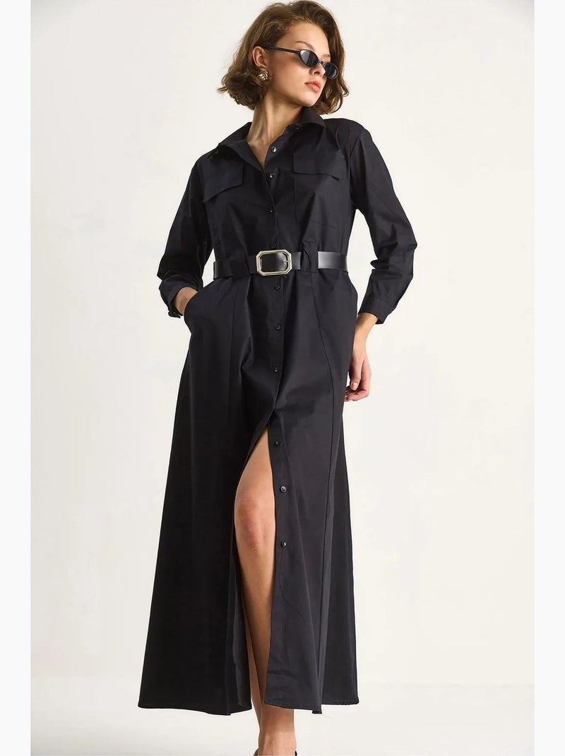 Robe longue à manches longues, fermeture boutonnée et col chemise lucci Noir - Kiabi