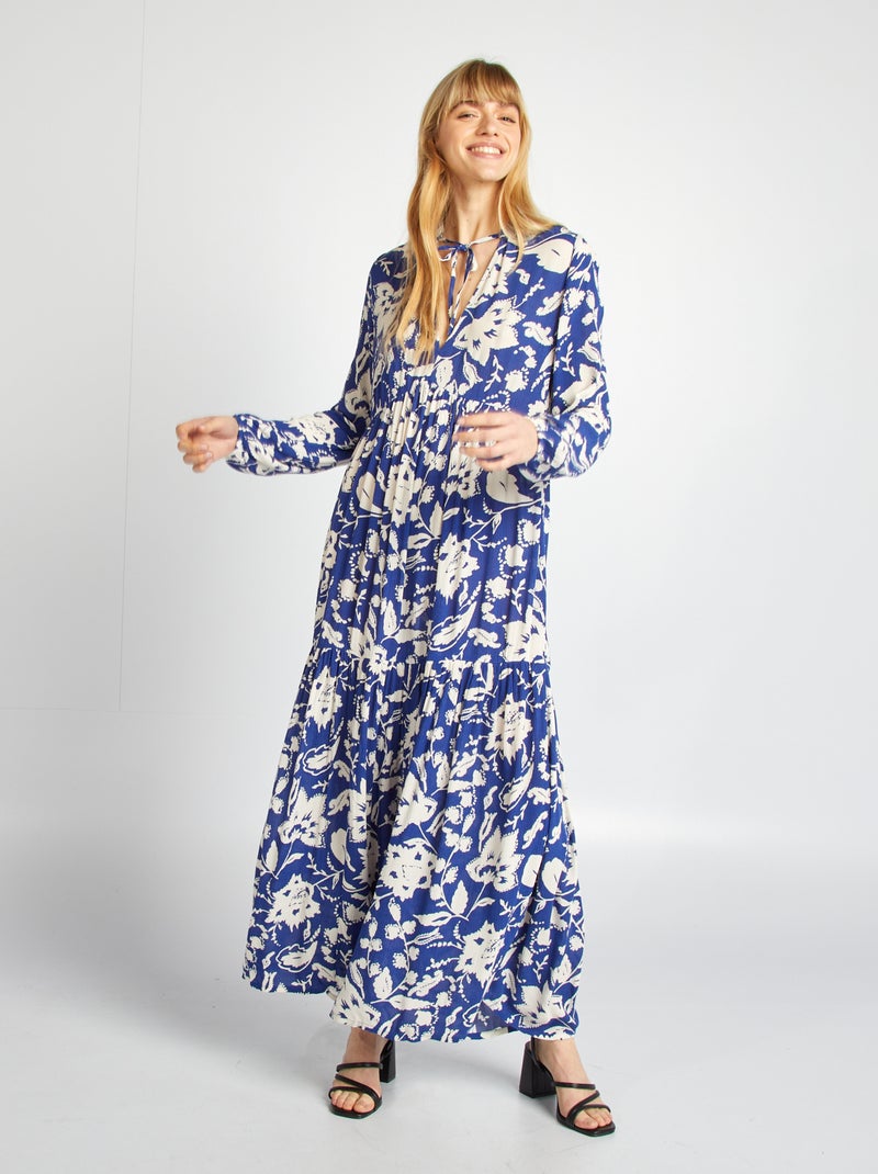 Robe longue à motif avec col tunisien Bleu - Kiabi