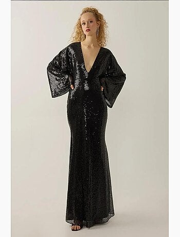 Robe longue à paillettes et col en v, manches ange hiccup